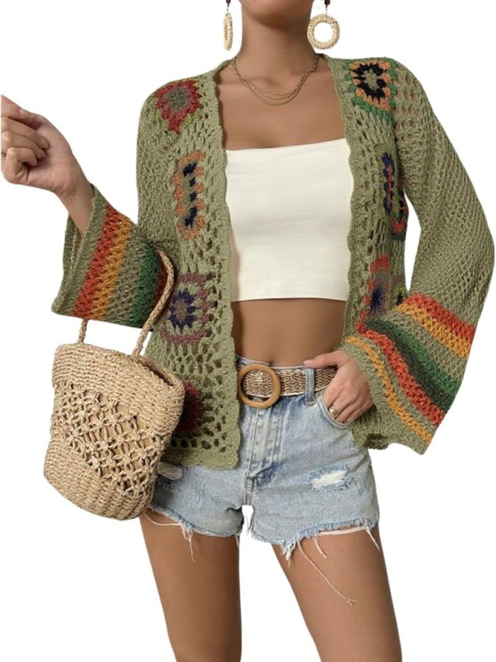 Floral Crochet Long Sleeve Cardigan Sweater for Women - Boho Chic Layering Piece